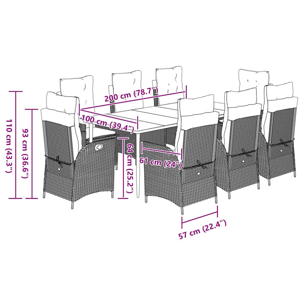 9-tlg. Garten-Essgruppe mit Kissen Grau Poly Rattan